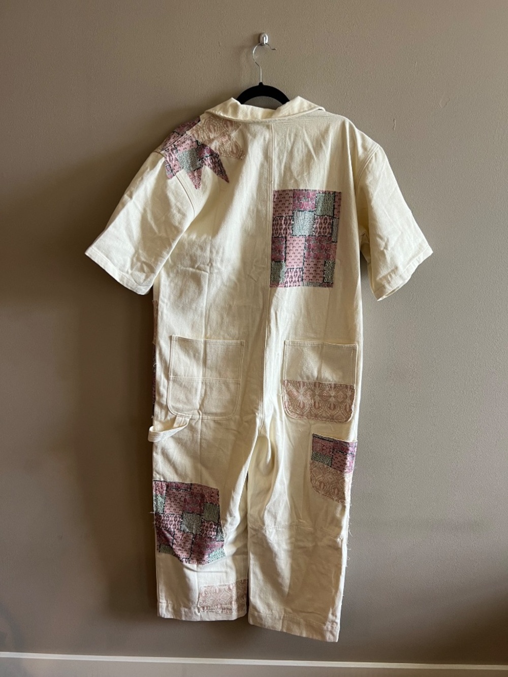 Maddy J Boutique Cream Jumpsuit/Overalls with Quilt style Patchwork - Picture 9 of 12